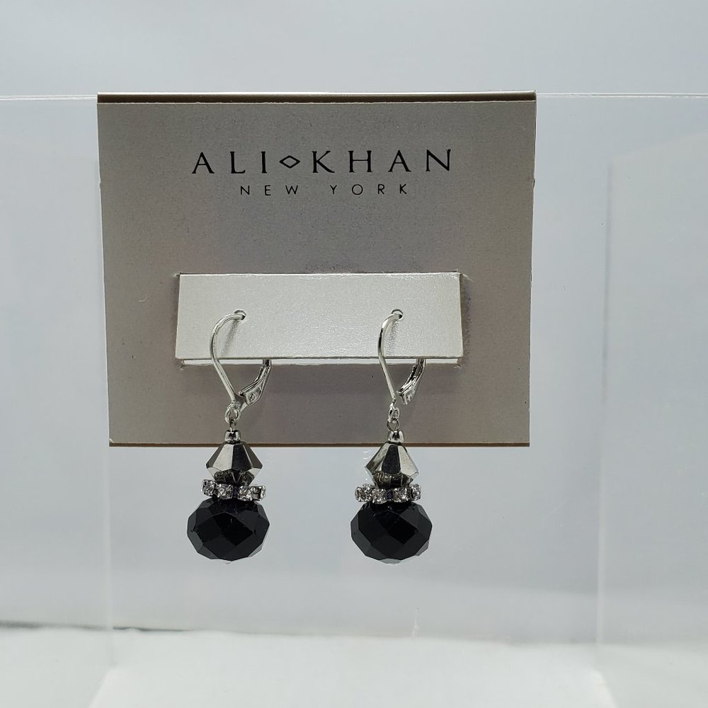 ALI KHAN  imperial black silver French wire with rhinestone spacer earring